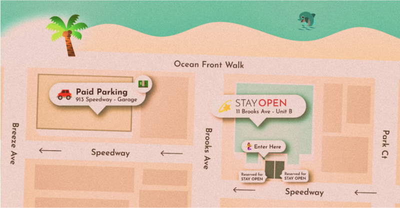 Parking Map directs Stay Open guests to park at the 913 Speedway Garage, just a block from the Stay Open Venice Beach location